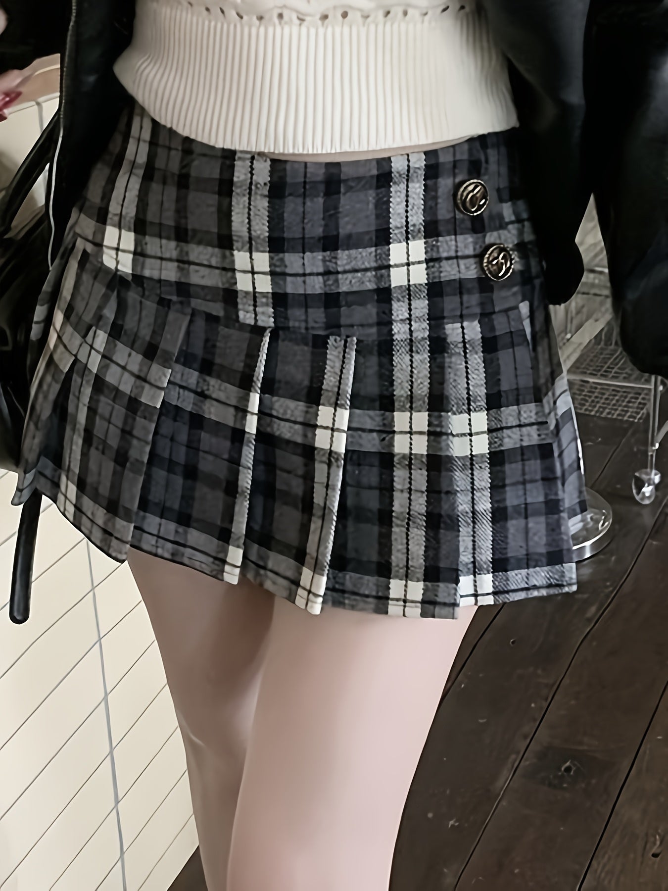 checkered skirt side buttons - dresscoquette