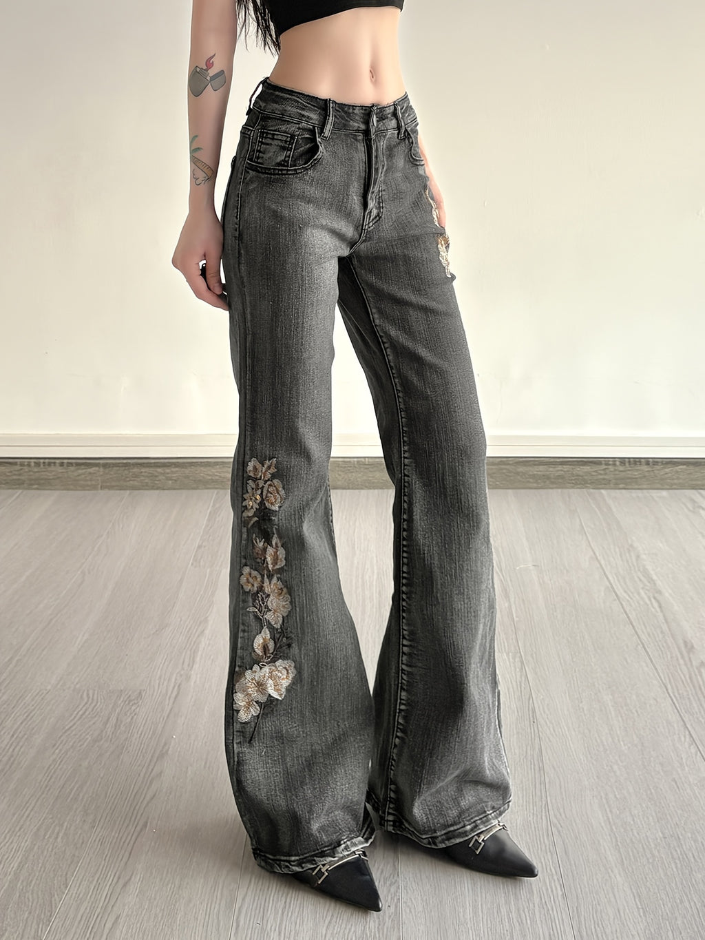 colorful rose embroidery jeans