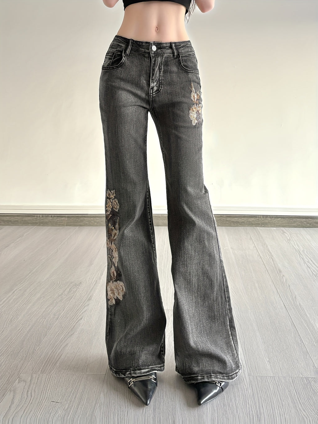 colorful rose embroidery jeans