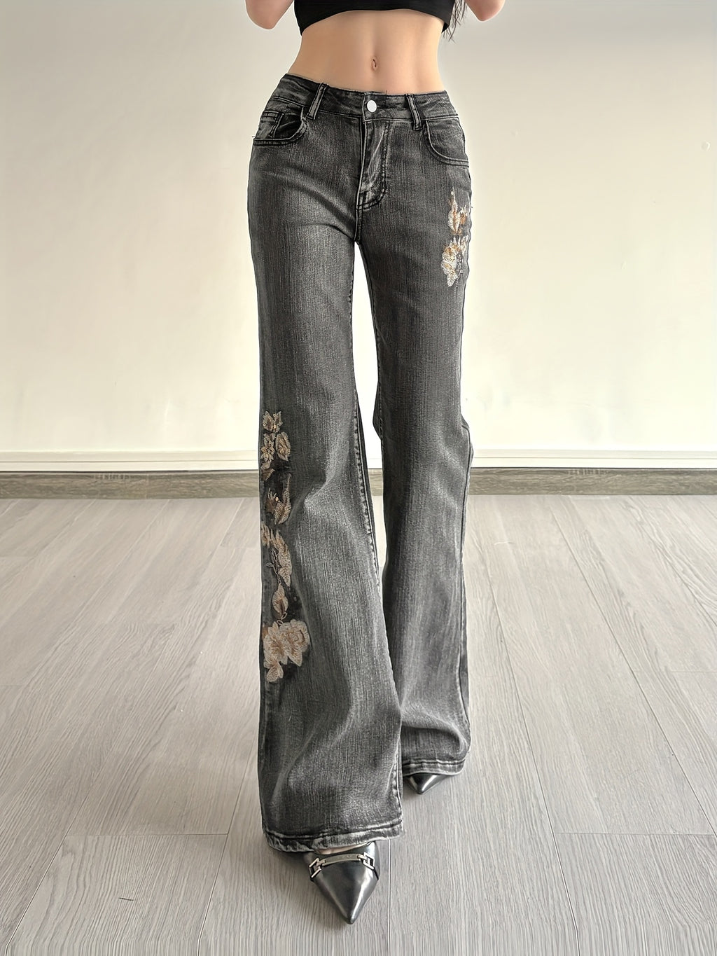 colorful rose embroidery jeans