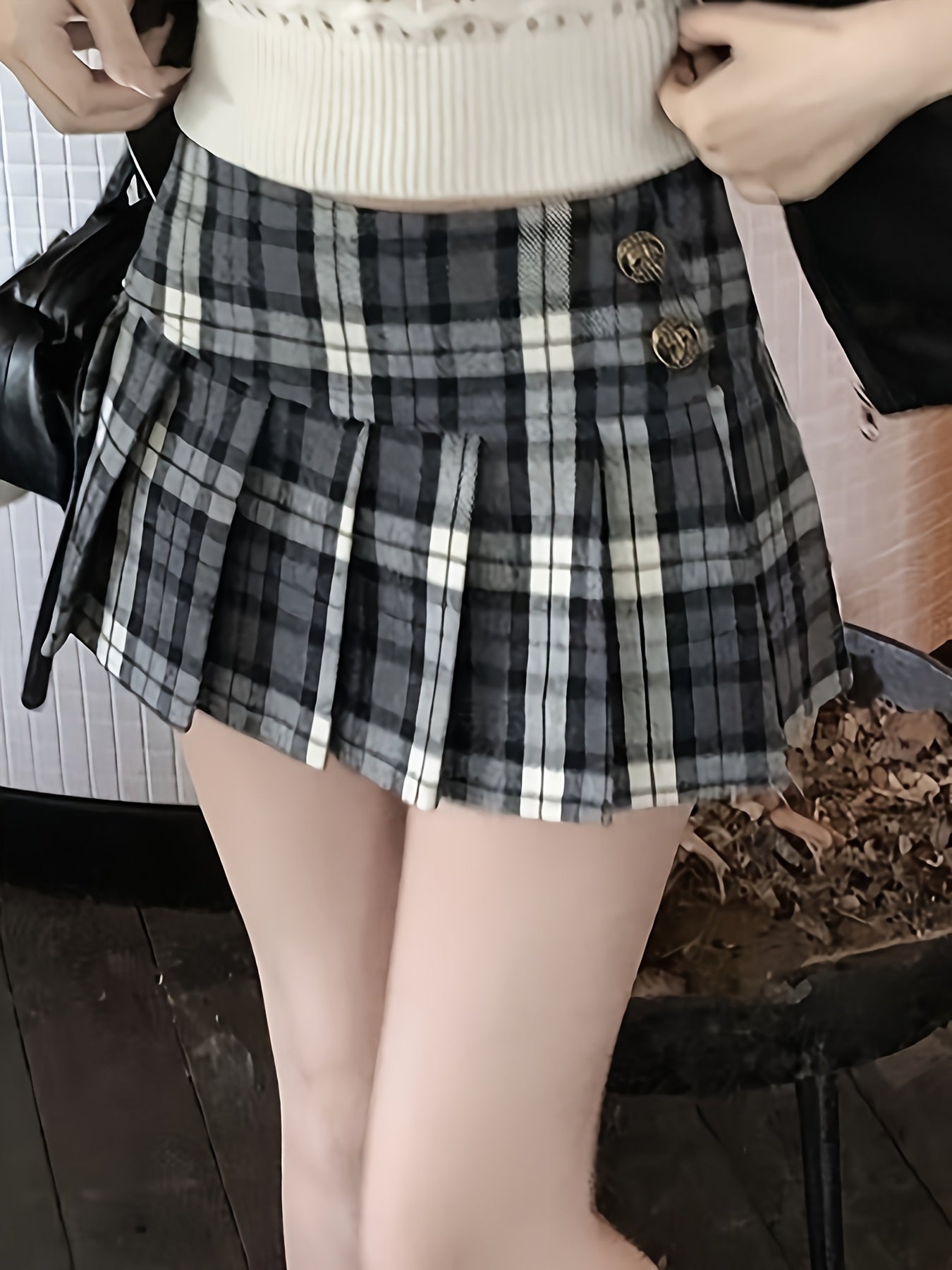 checkered skirt side buttons - dresscoquette